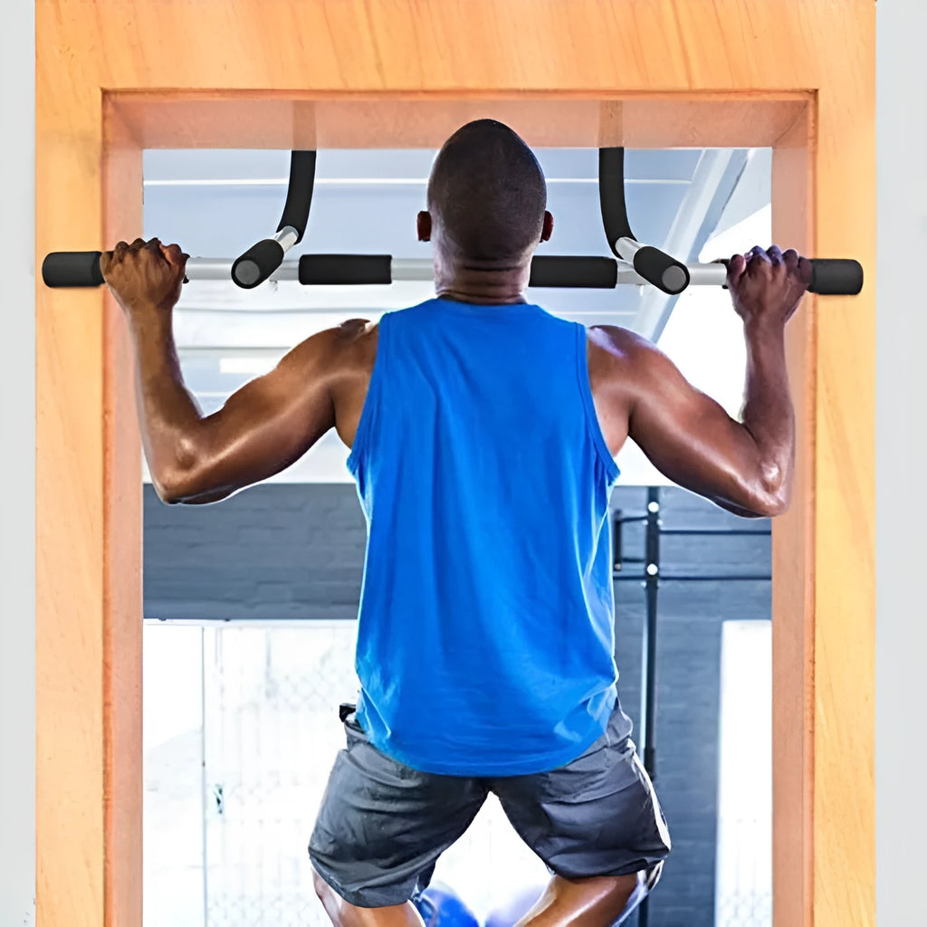 Black steel pipe indoor pull-up bar mounted on door frame for single and double poles exercises