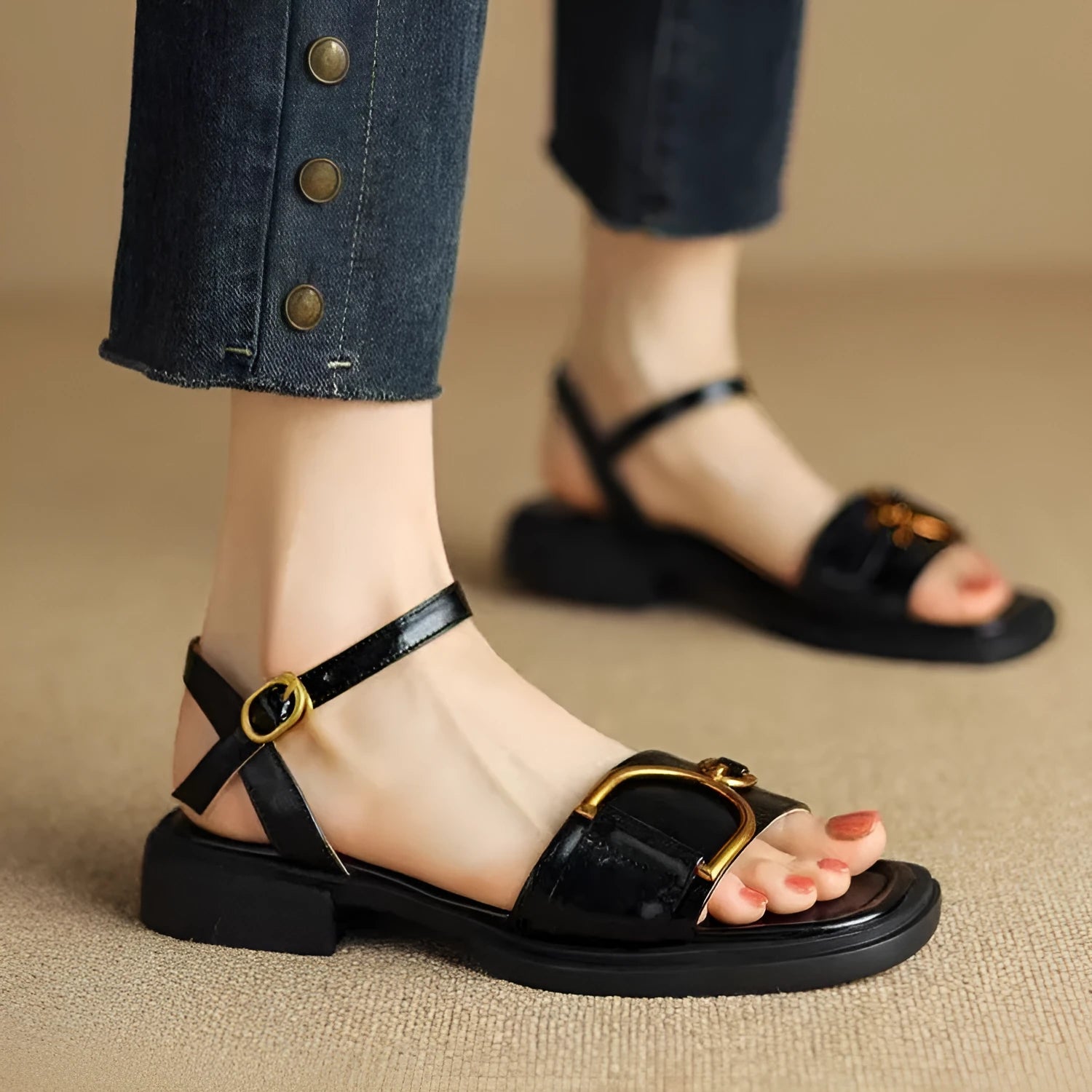 Women's thick-soled leather sandals in beige with button closure and round toe