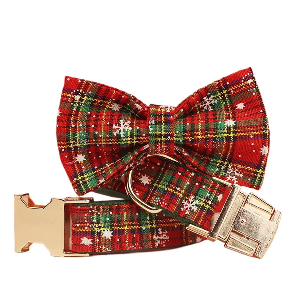 Green snowflake Christmas pet collar set with matching leash, bow, and vest for dogs