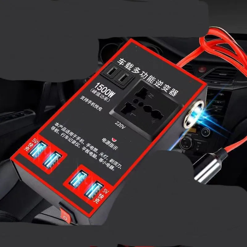 Black automotive power converter with 220V socket and four USB ports for 12V/24V vehicle systems