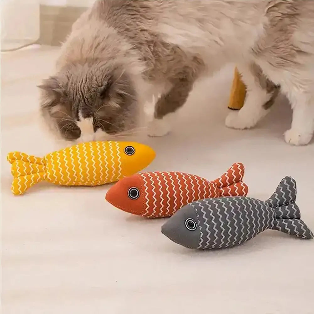 Burlap fish catnip cat toy in bright colour with crinkle sound, 8.27 inches long, on floor
