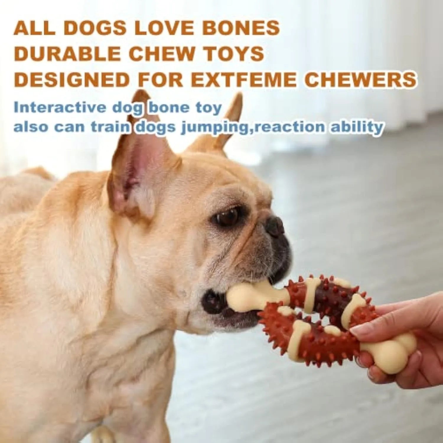 Natural rubber bone-shaped dog dental chew toy for teeth grinding and anxiety relief