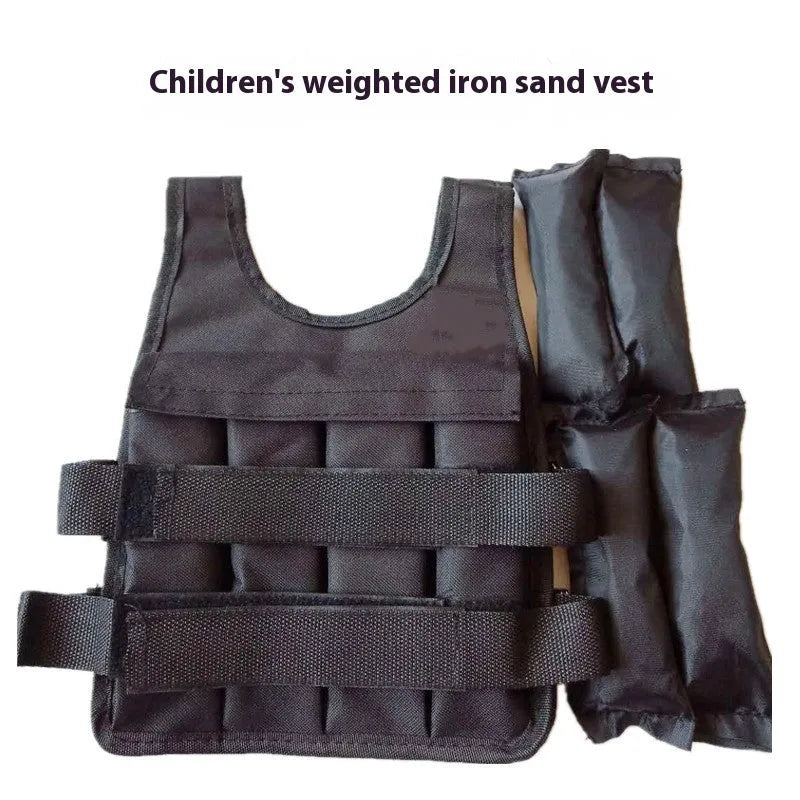 Child wearing an adjustable sand vest made from voile fabric, showing size and weight options.
