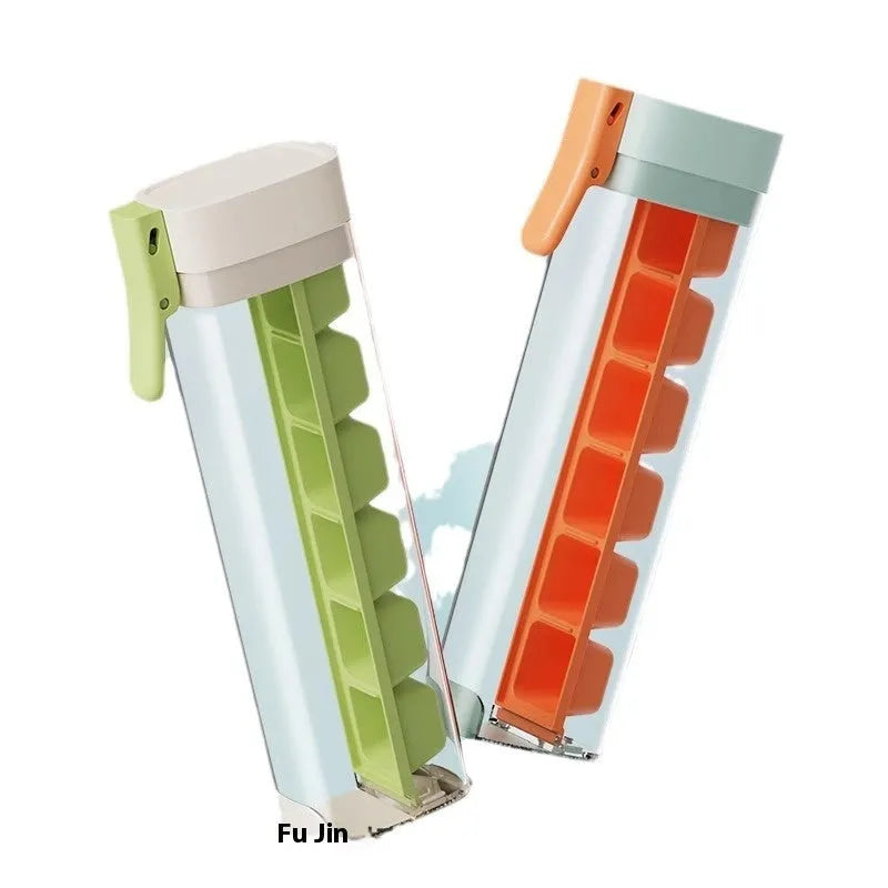 Food-grade plastic ice cube tray with one-press release mechanism and storage box in blue or white.