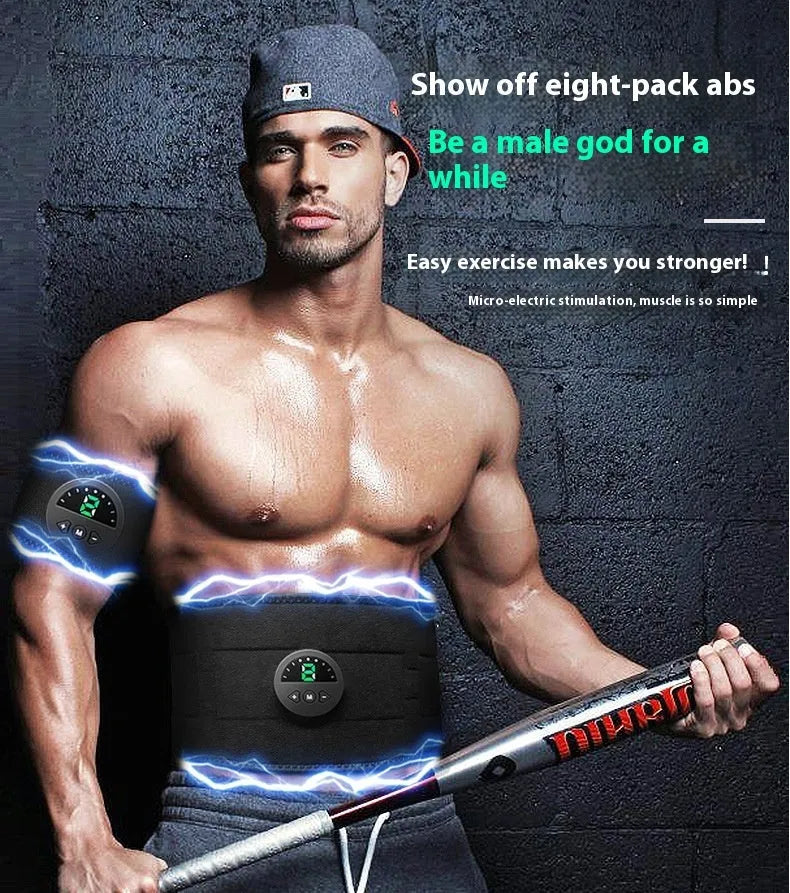 Fitness belt with display screen for waist and abdomen fat reduction, shown with host and USB cable.
