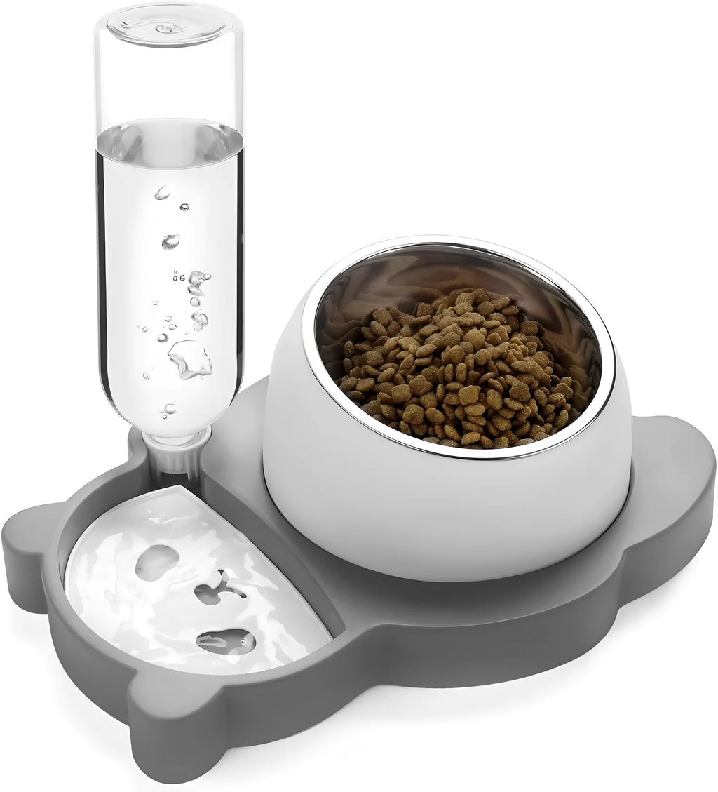 Grey panda-shaped tilted elevated pet feeder with stainless steel bowls and automatic water bottle