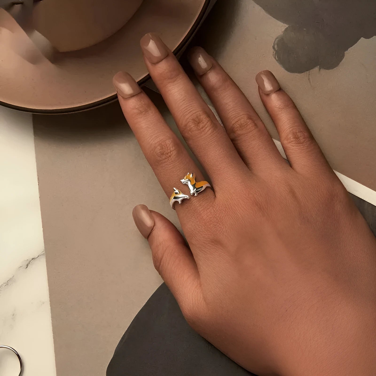 Silver cartoon corgi ring for women with electroplated finish, model SCR1014-E.