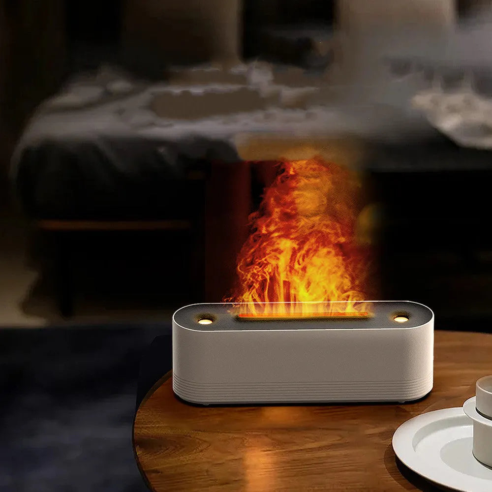 Black ultrasonic aroma diffuser with flame effect LED lighting and water mist output