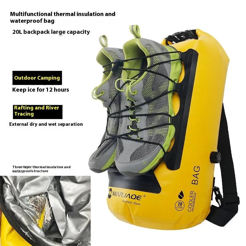 Yellow waterproof PVC backpack with 20L capacity for camping and water sports