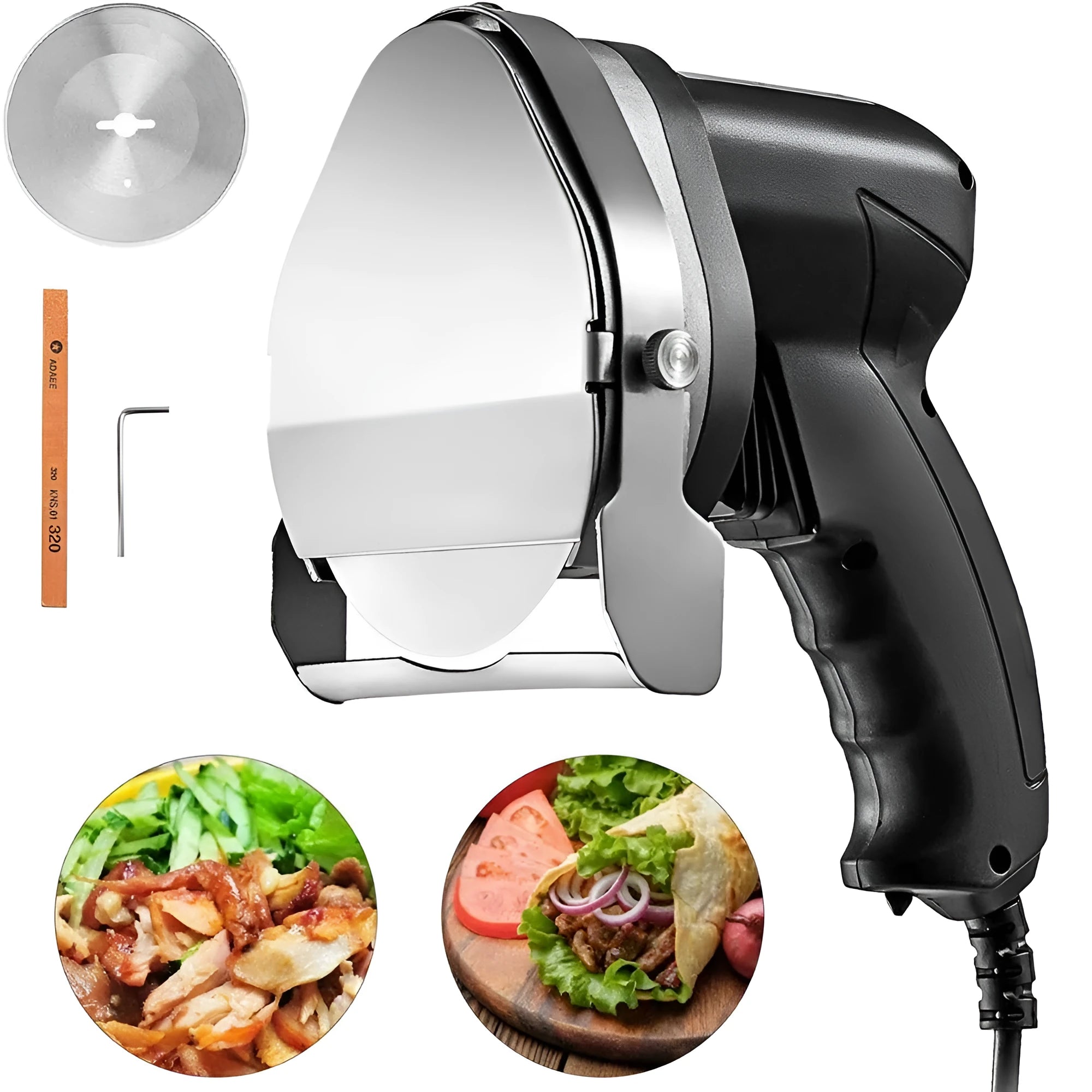 Black electric meat cleaver with power cord for turkey barbecue machines on a kitchen counter