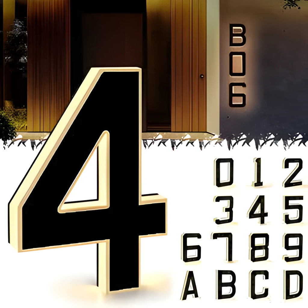 Waterproof LED luminous acrylic house number in style 0 with electroplated finish, mounted on wall