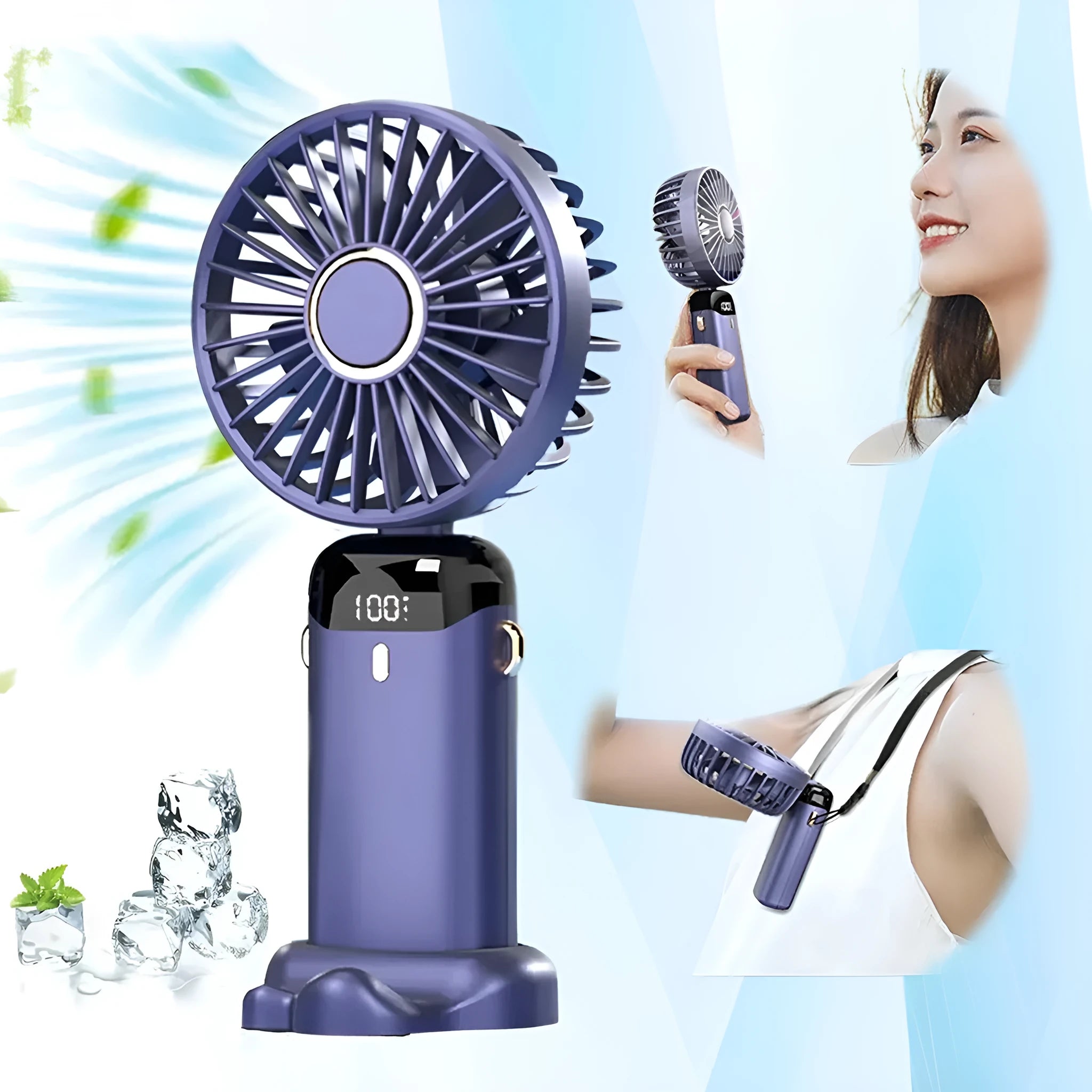 Blue USB rechargeable portable handheld fan shown in neck, desk, and handheld modes with digital display