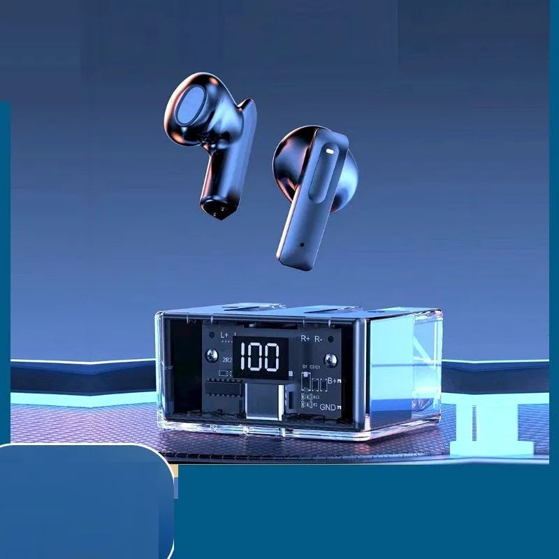 Transparent case true wireless Bluetooth earphones in light blue with digital display screen.