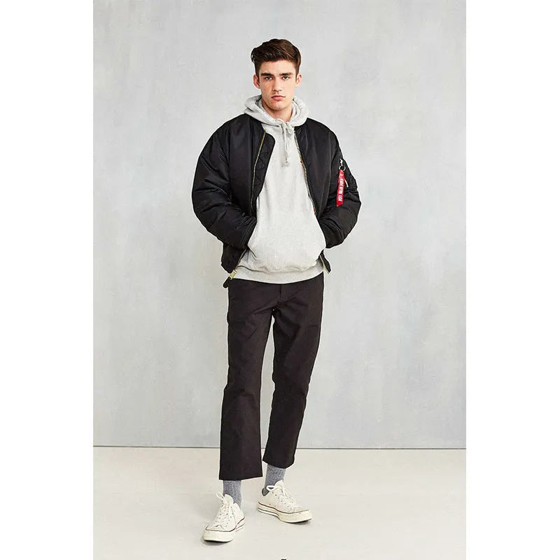 Men's loose-fit cotton-padded pilot jacket in nylon, shown in Army Green colour.
