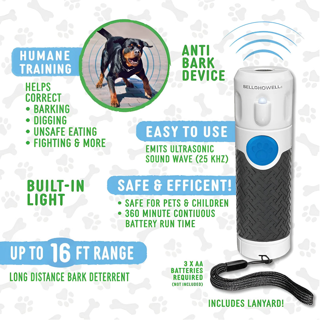 White handheld ultrasonic dog trainer device with LED light for bark control and behaviour correction