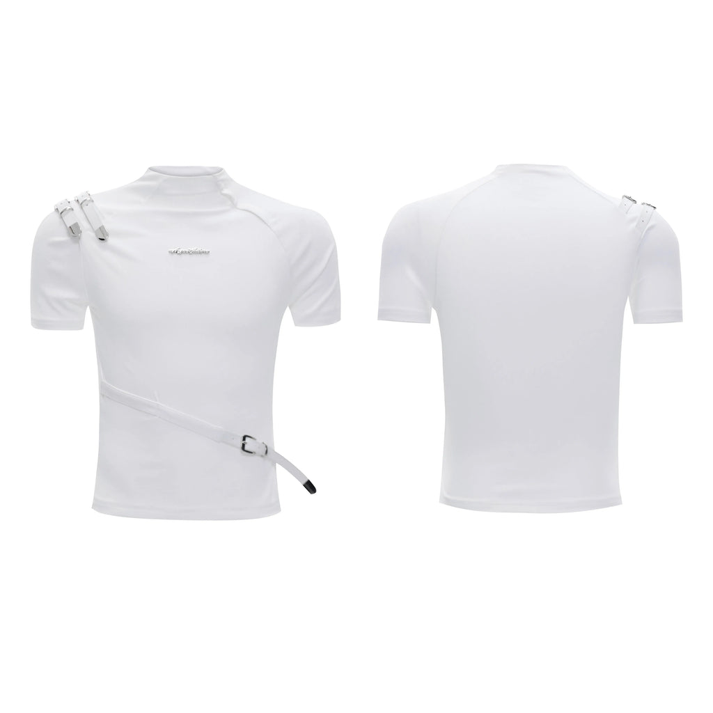 Men's slim fit black cotton T-shirt with small stand-up collar and metal belt design detail