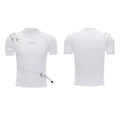 Men's slim fit black cotton T-shirt with small stand-up collar and metal belt design detail