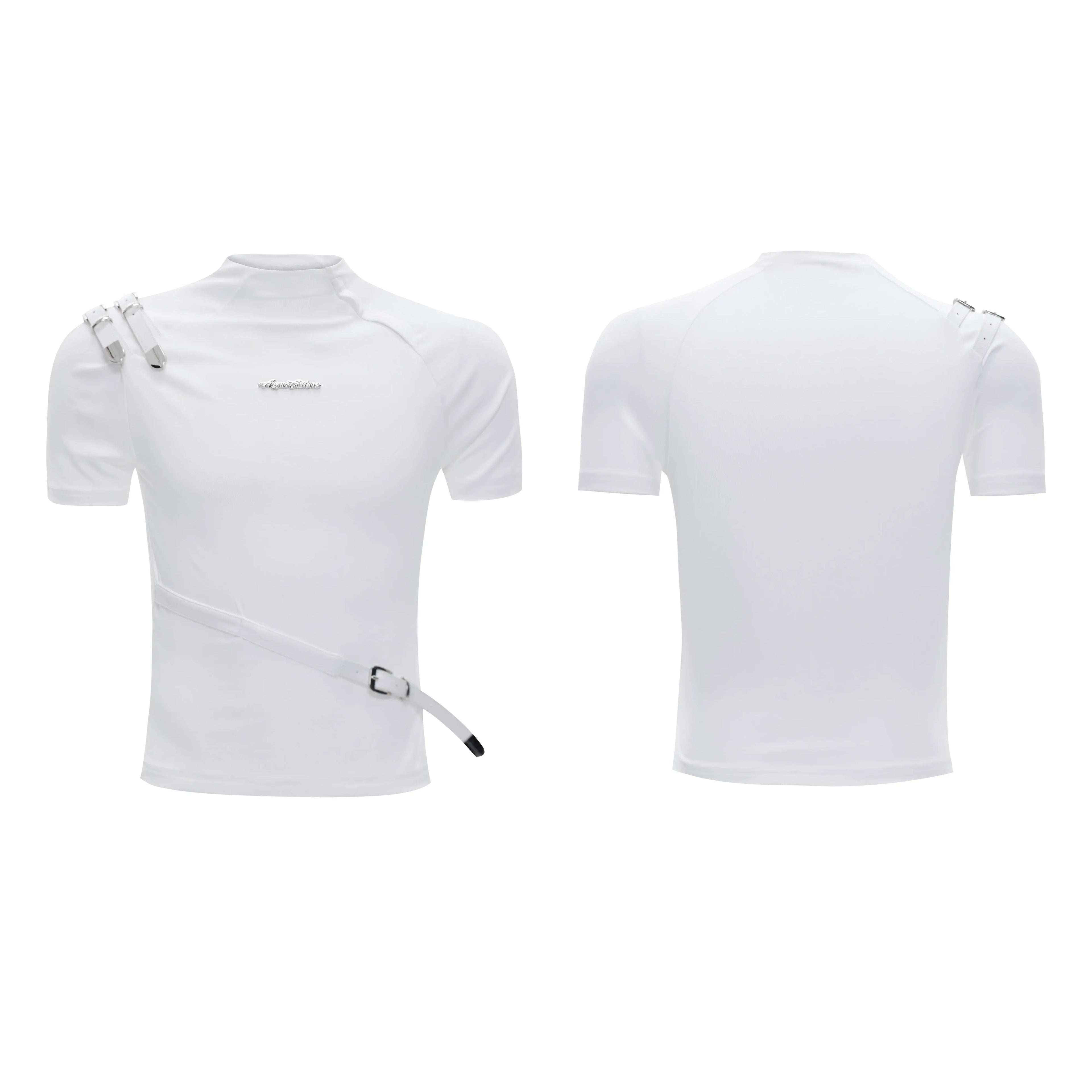 Men's slim fit black cotton T-shirt with small stand-up collar and metal belt design detail