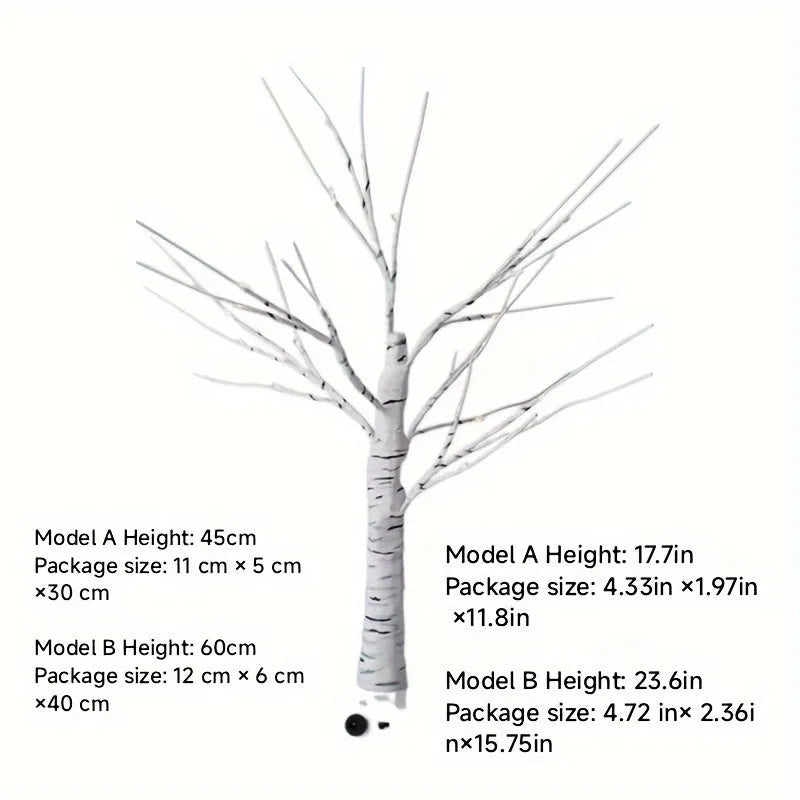 60cm USB birch light with warm white LEDs, black artificial branch on a table