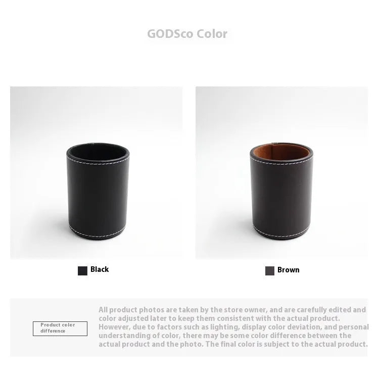 Black leather cylindrical pen container showing 8cm diameter and 10.8cm height dimensions
