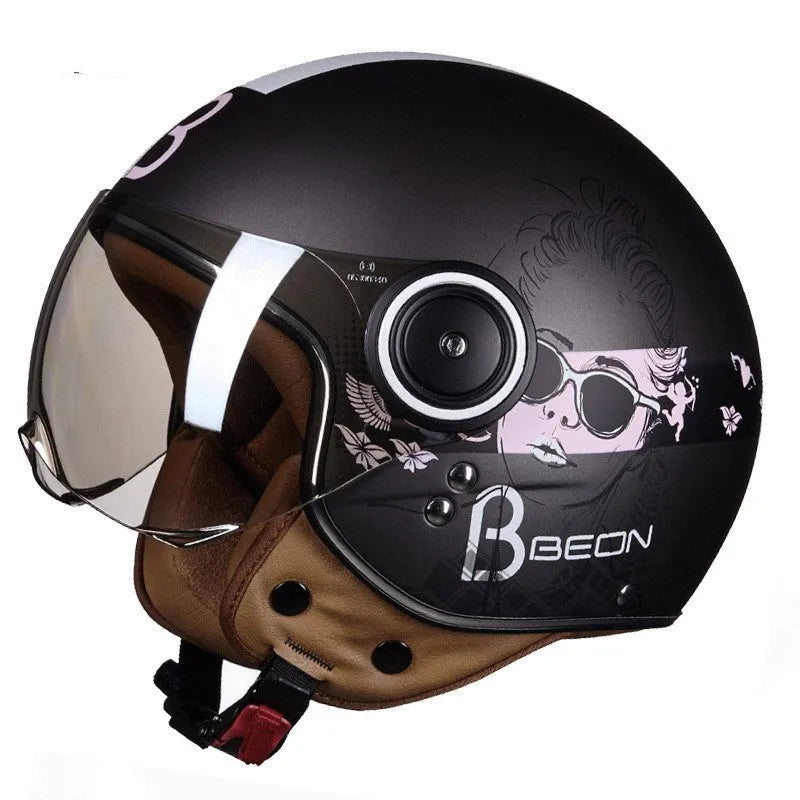 Lightweight retro half helmet for electric scooters in bright blue and red colour.