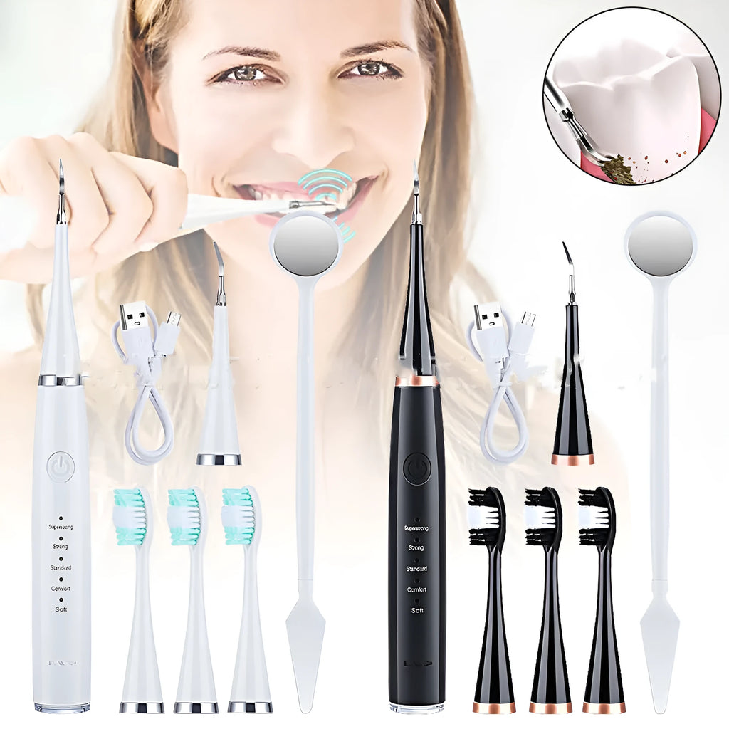 Electric toothbrush in white or black with 3 gears, USB charging, and optional 18mm or 20mm brush heads.