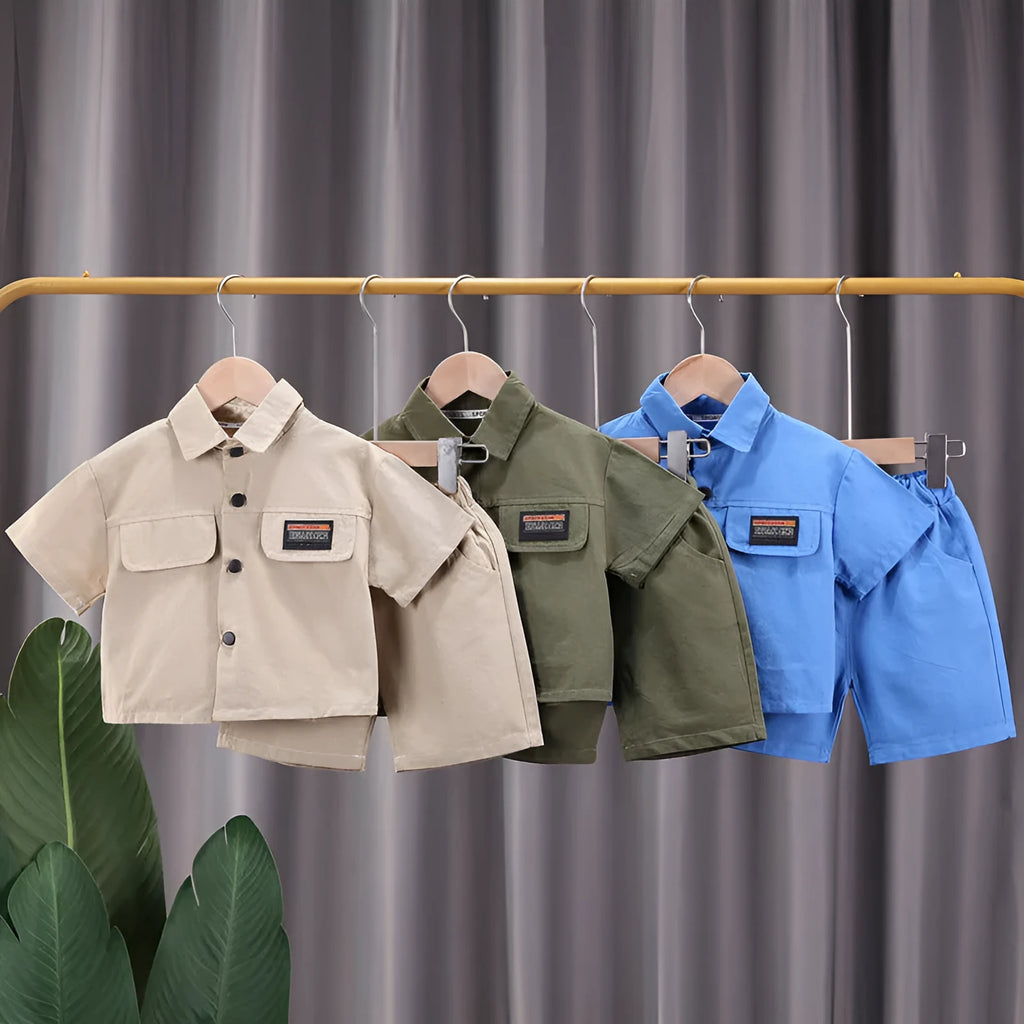 Boys cotton short-sleeved shorts suit set in solid colour, available in green beige blue for heights 80-120cm
