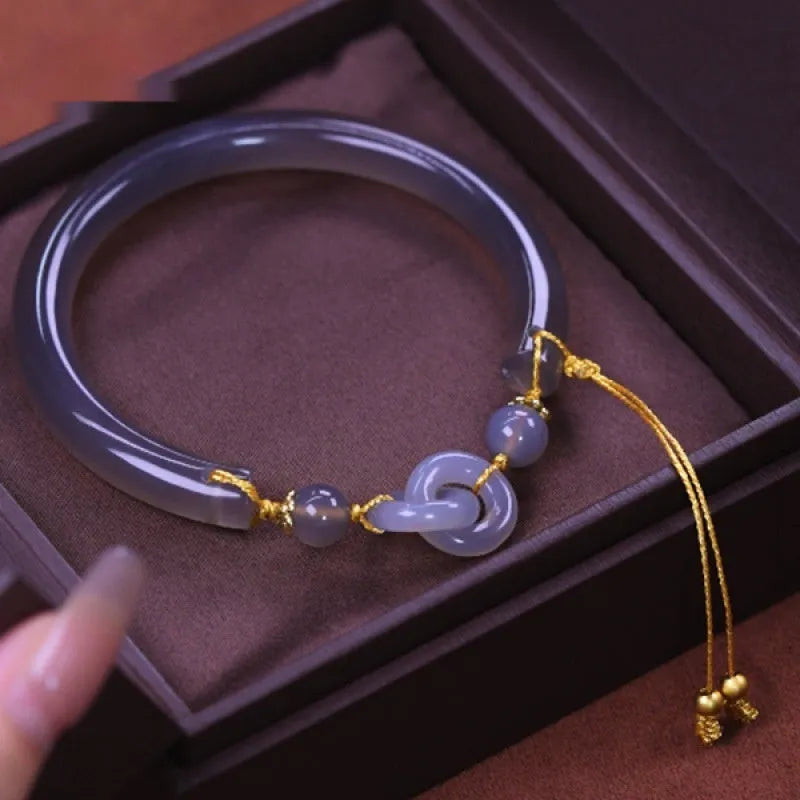 Grey smoke purple agate half bracelet with metal ring buckle closure on wrist