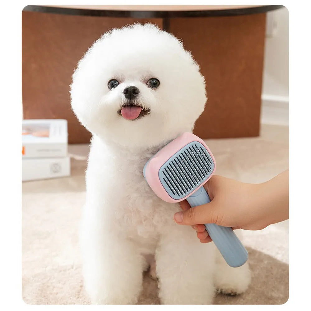 Blue and green double-sided pet grooming brush showing deshedding rake and dematting comb sides.
