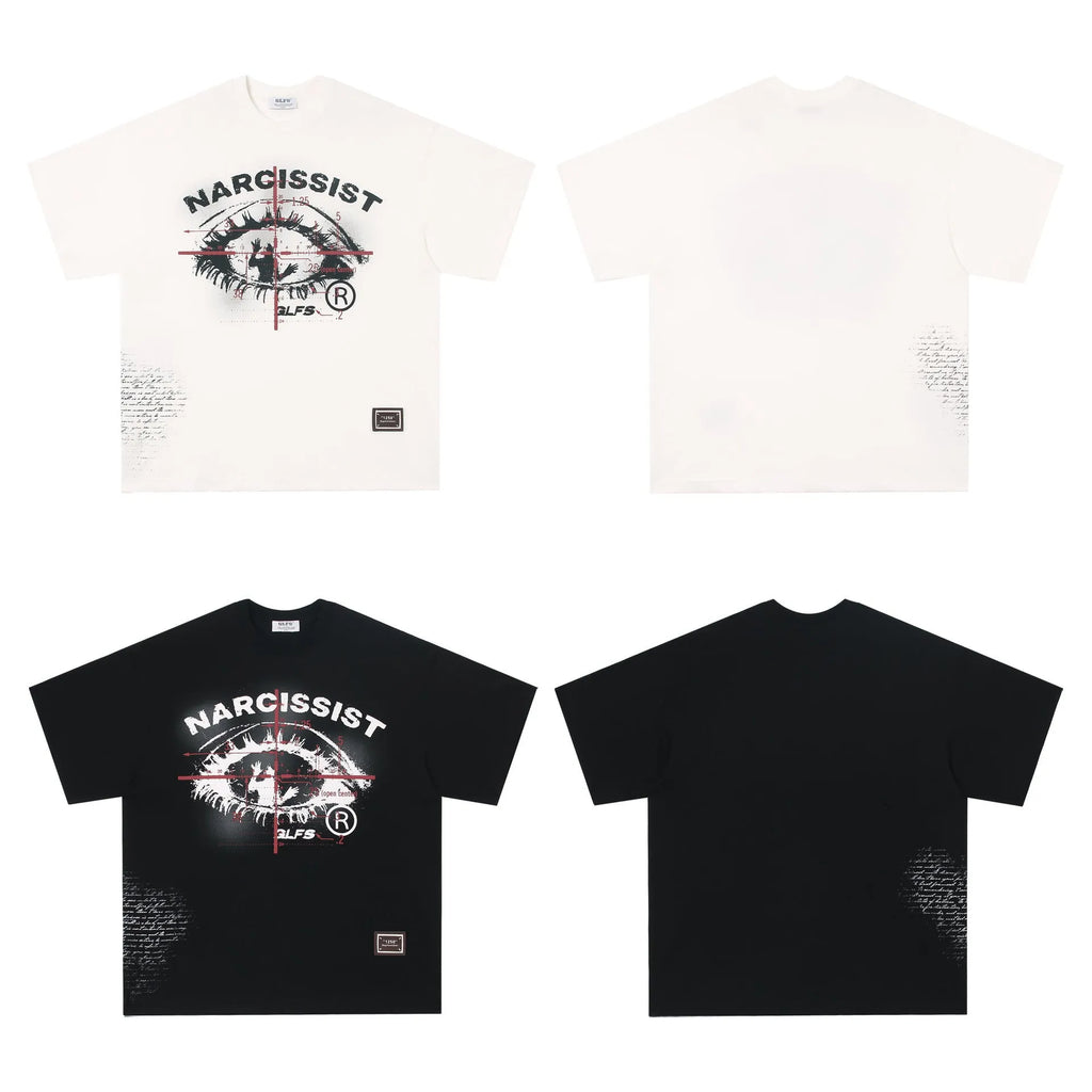 White and black pure cotton T-shirt with retro hip hop gothic letter print, short sleeves.