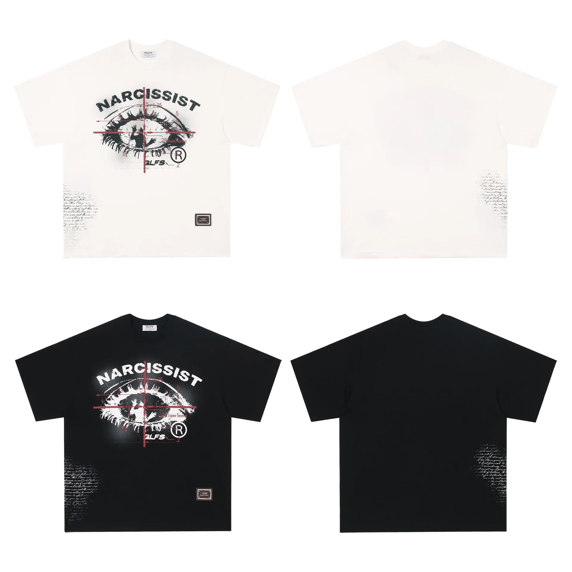 White and black pure cotton T-shirt with retro hip hop gothic letter print, short sleeves.
