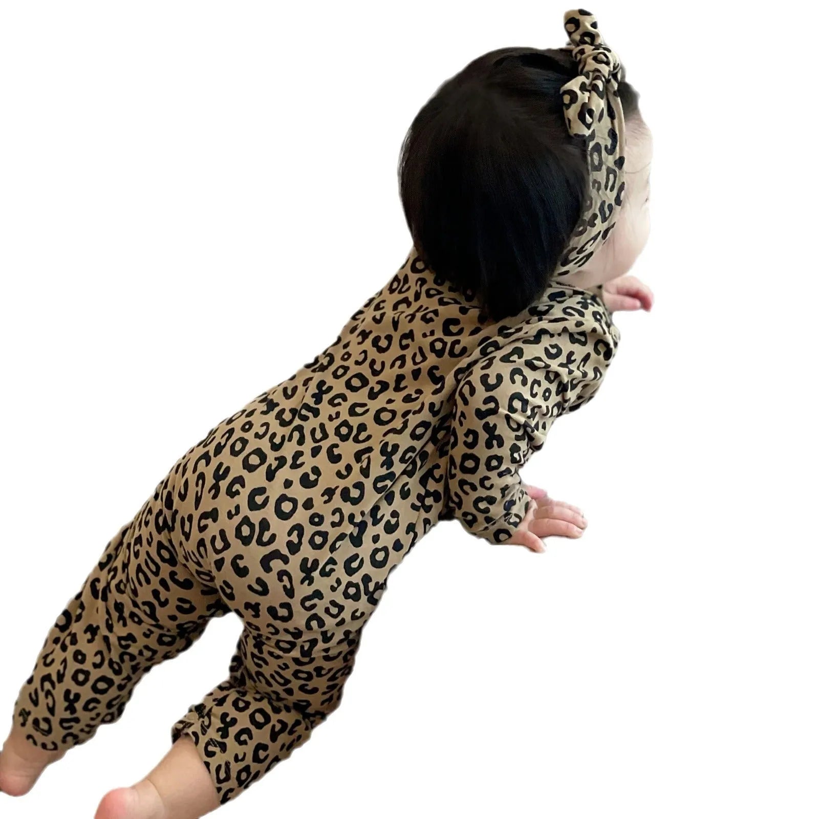 Brown leopard print cotton long-sleeved baby jumpsuit with matching headband
