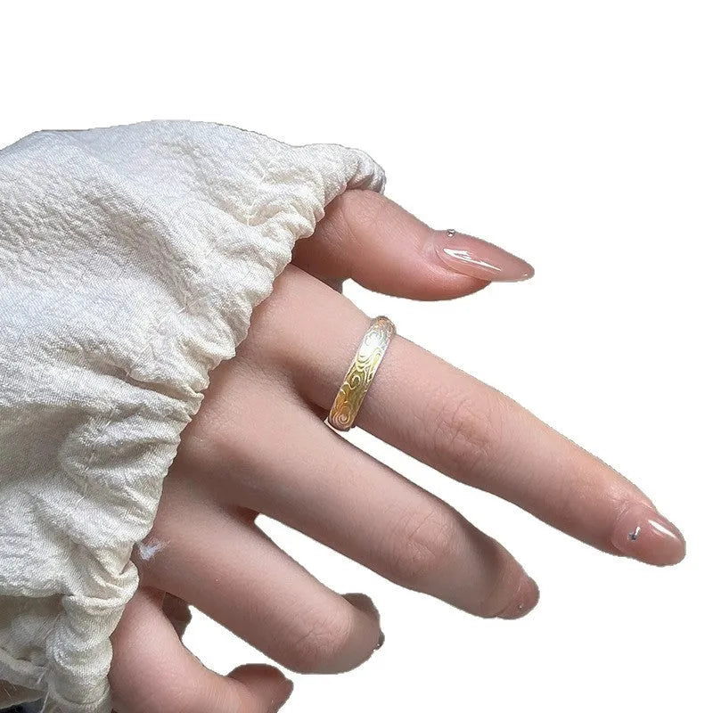 White copper geometric ring with xiangyun pattern and silver gold electroplating, open mouth adjustable design