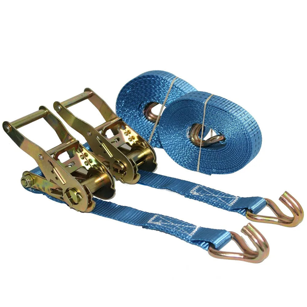 Steel and polyester ratchet tensioner binding strap with double hooks for cargo securement