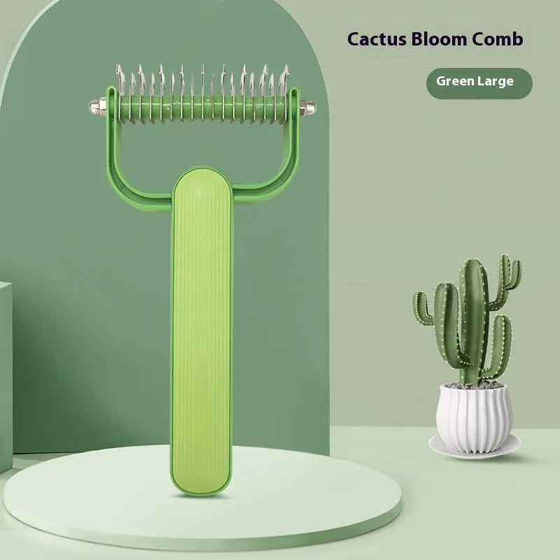 Green and grey pet unknotting comb for dogs with stainless steel teeth on a PP handle.
