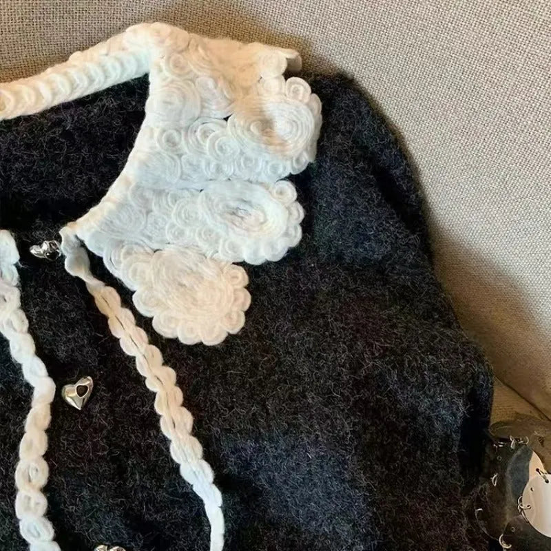Black French style doll collar college style thick knit cardigan sweater loose fit