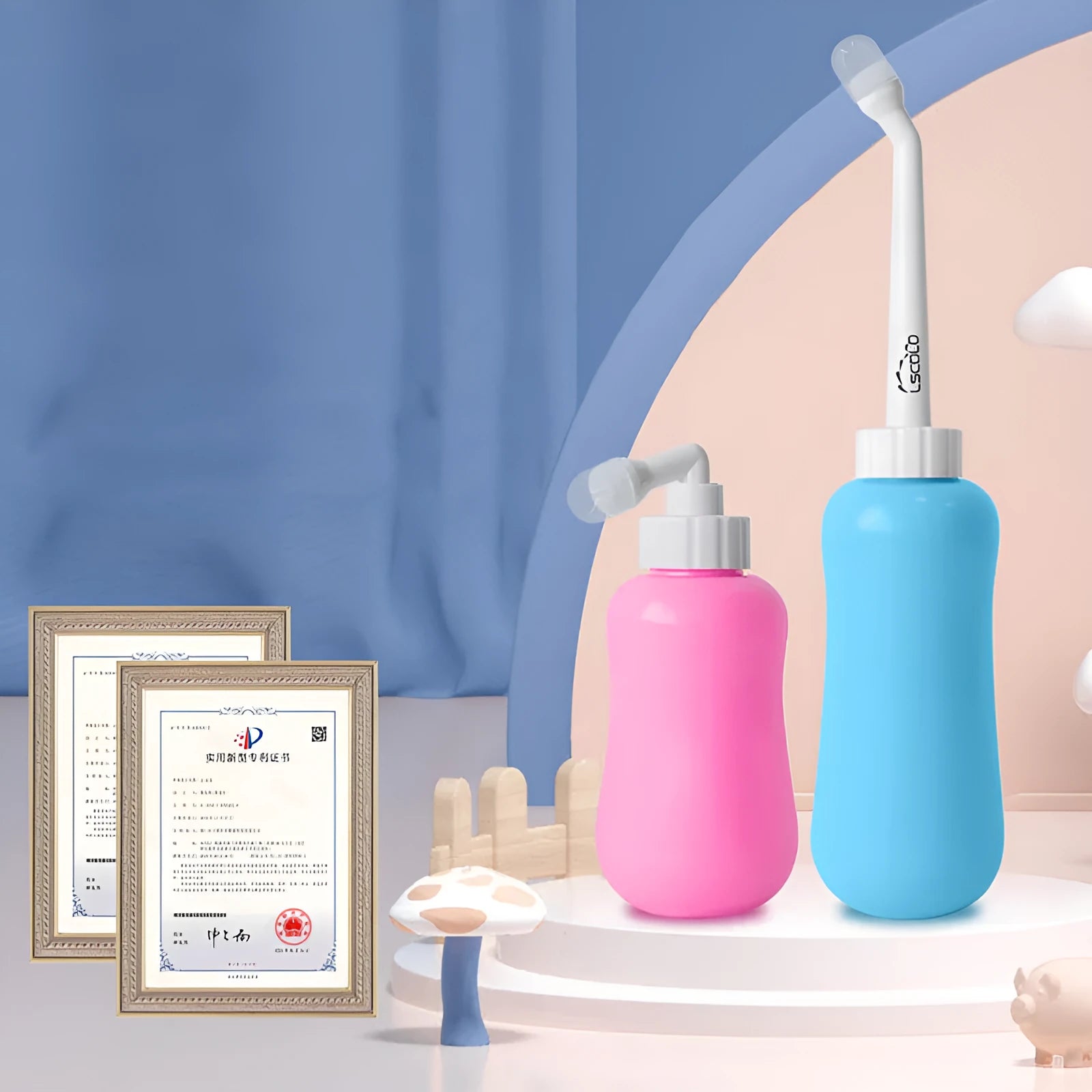 Portable female washer irrigator in blue 450ml with telescopic elbow nozzle on white background