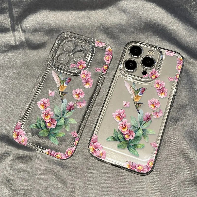 Flower Magpie transparent TPU phone case with fine-hole cutouts for iPhone lying on a flat surface