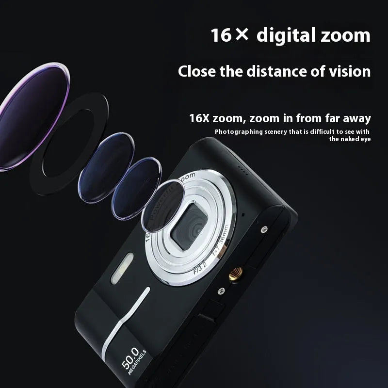 Student mini digital camera in black, green, pink, or white showing compact 90mm design with manual controls