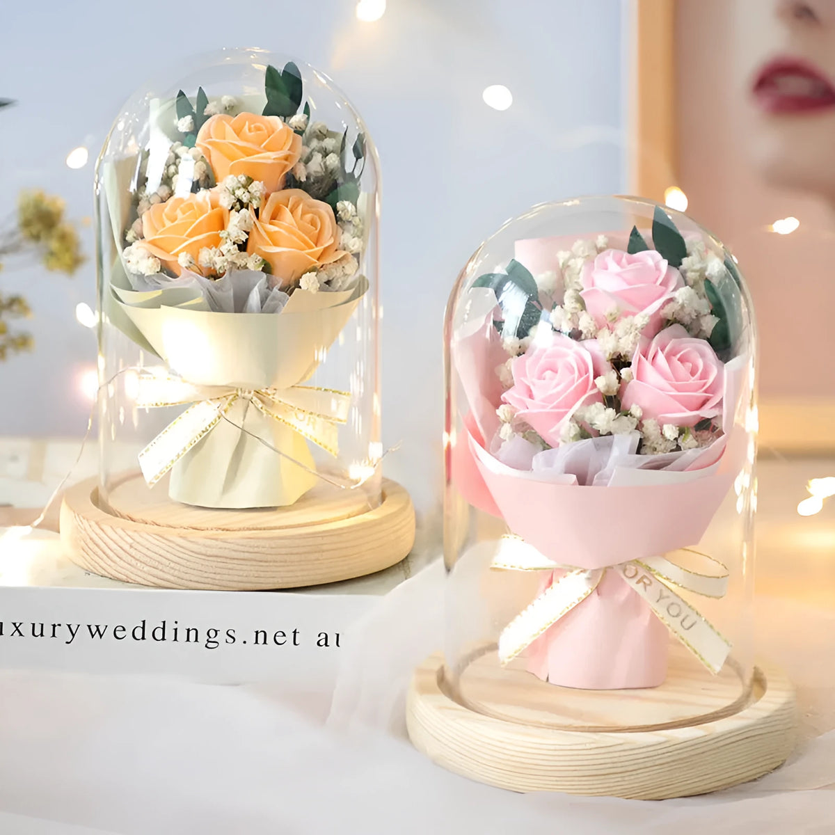 Bouquet glass cover with soap flower rose, dome 11.2x16cm or love 12.5x17cm, Christmas gift