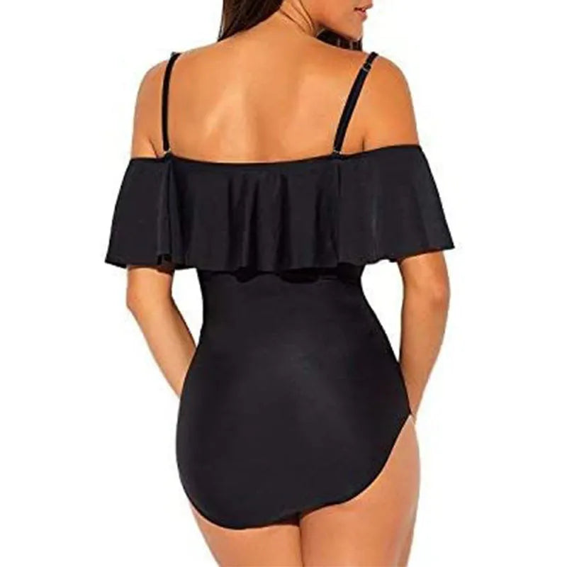 Black women's one-piece swimsuit with cut-out ruffled strap tube top design