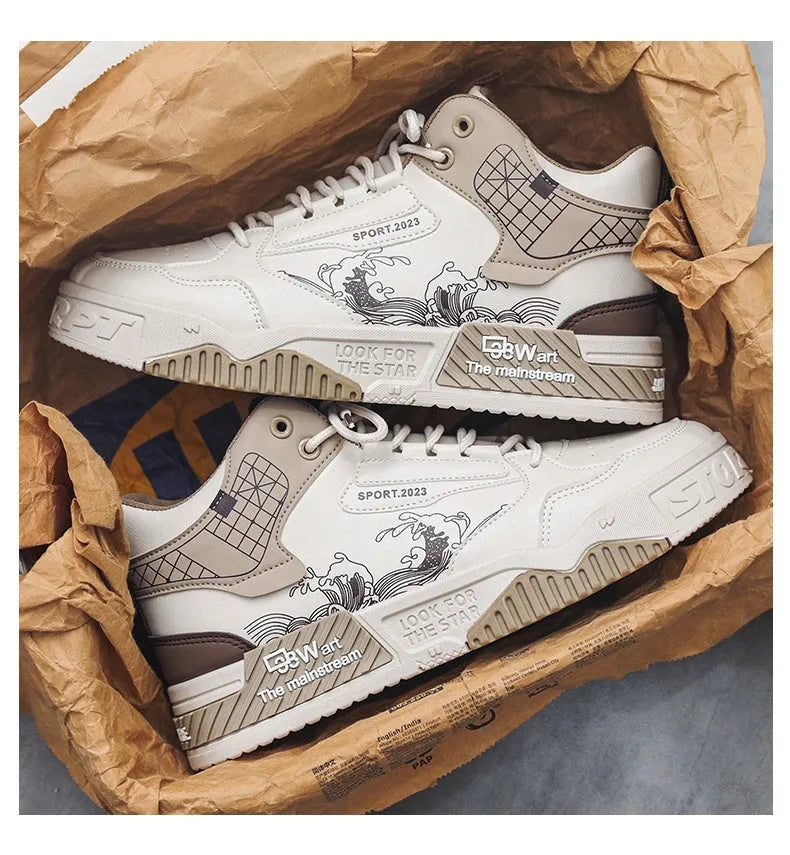 Men's beige, white, and blue high-top board shoes with lace-up front and rubber sole
