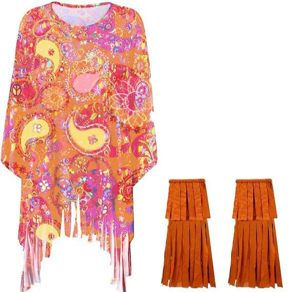 Colourful tie-dye pattern cloak costume with sleeveless bell sleeves on a mannequin