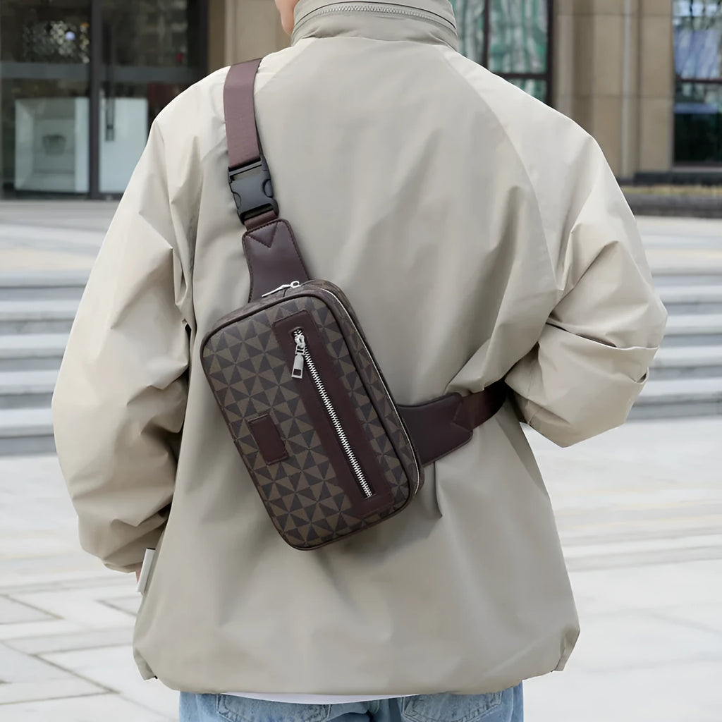 Men's black PU cross-body shoulder bag with printed design and sewing line detailing