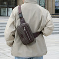Men's black PU cross-body shoulder bag with printed design and sewing line detailing