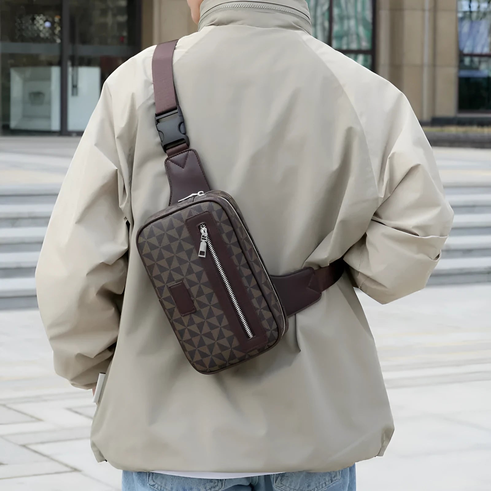 Men's black PU cross-body shoulder bag with printed design and sewing line detailing