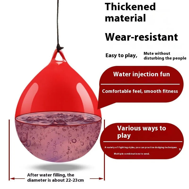Red water-filled boxing reaction ball with hook rope attachment for martial arts training