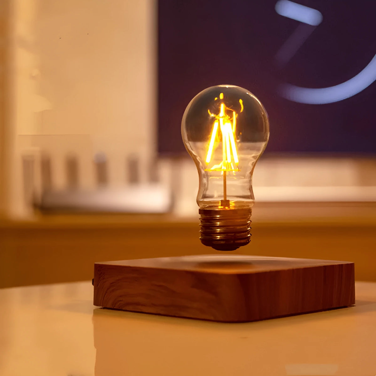 Self-rotating maglev bulb with warm yellow light, ABS base, 6cm diameter bulb, and 13.5cm diameter base.