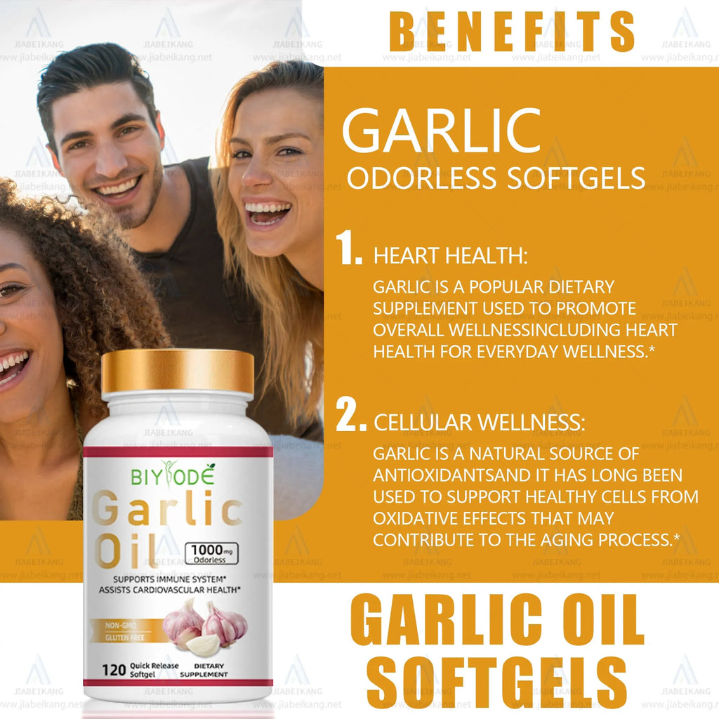 Bottle of Biyode odourless garlic softgel supplement with 60 softgels for heart health and immune support