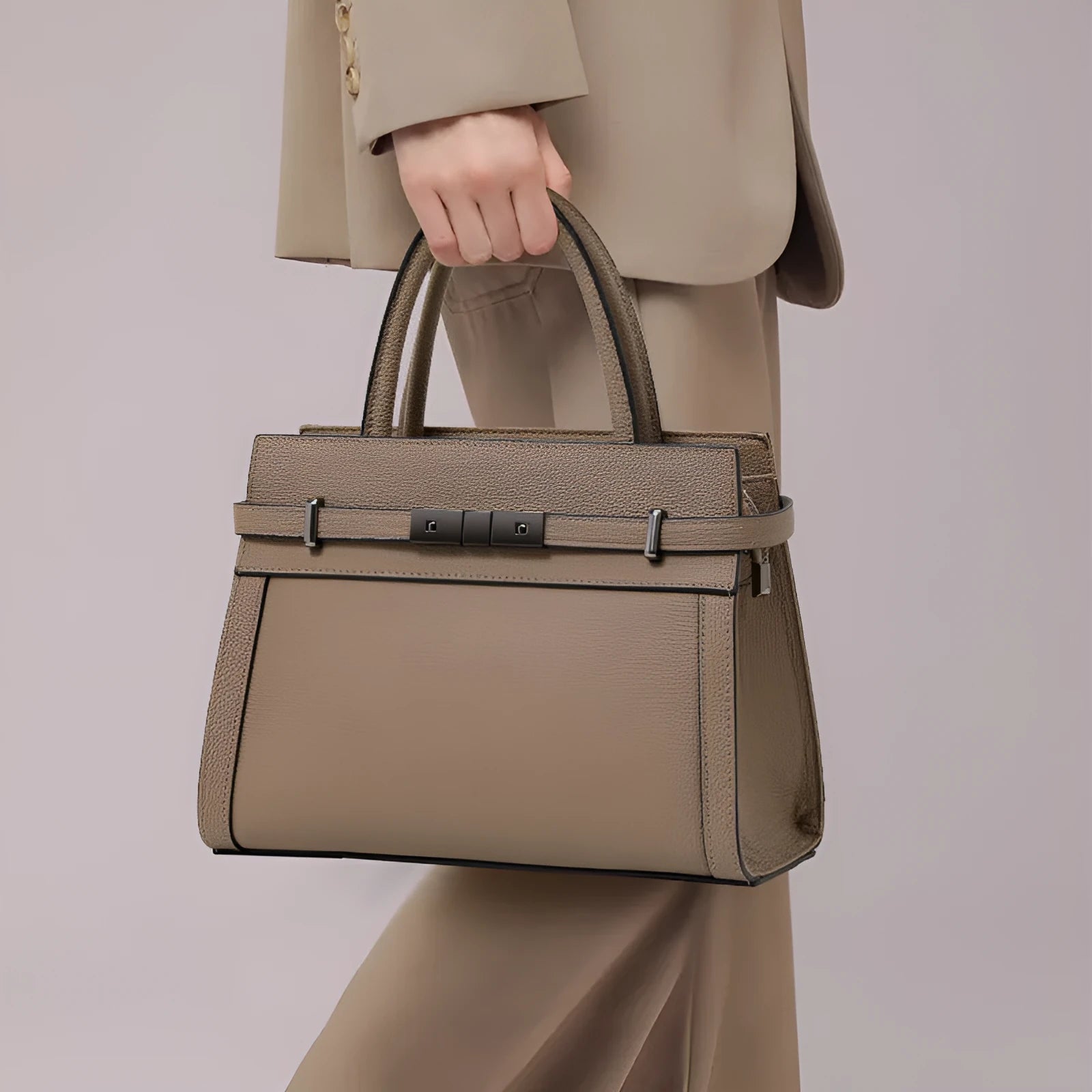 Women's genuine leather crossbody clamshell bag in horizontal square shape with multiple internal compartments